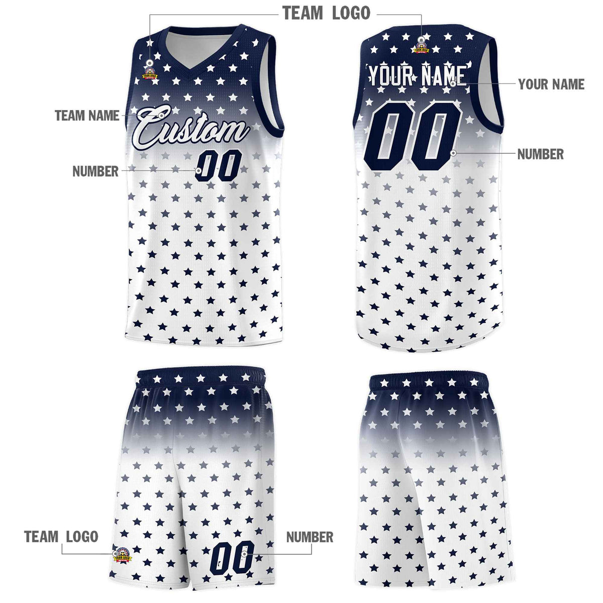 Custom Navy White Gradient Start Pattern Basketball Jersey Sets