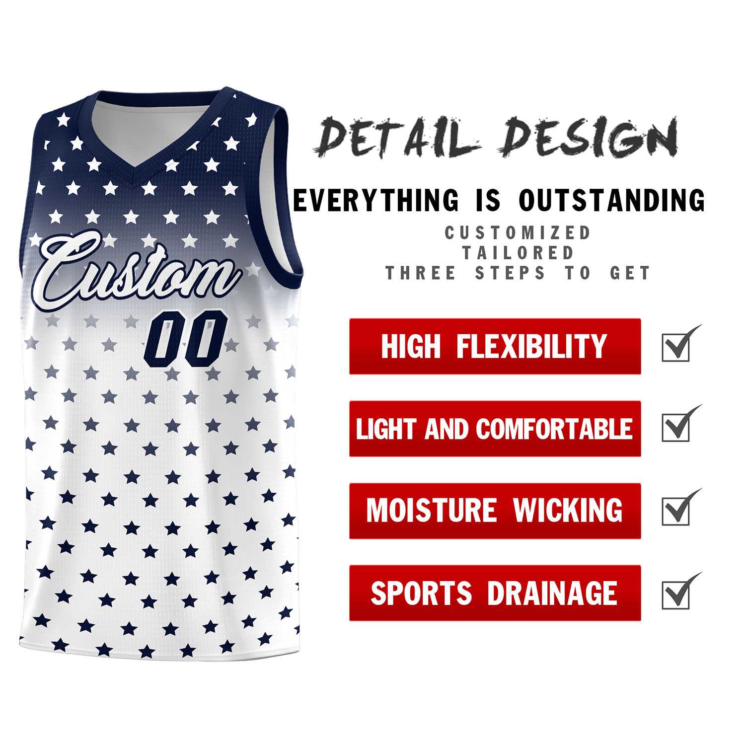 Custom Navy White Gradient Start Pattern Basketball Jersey Sets