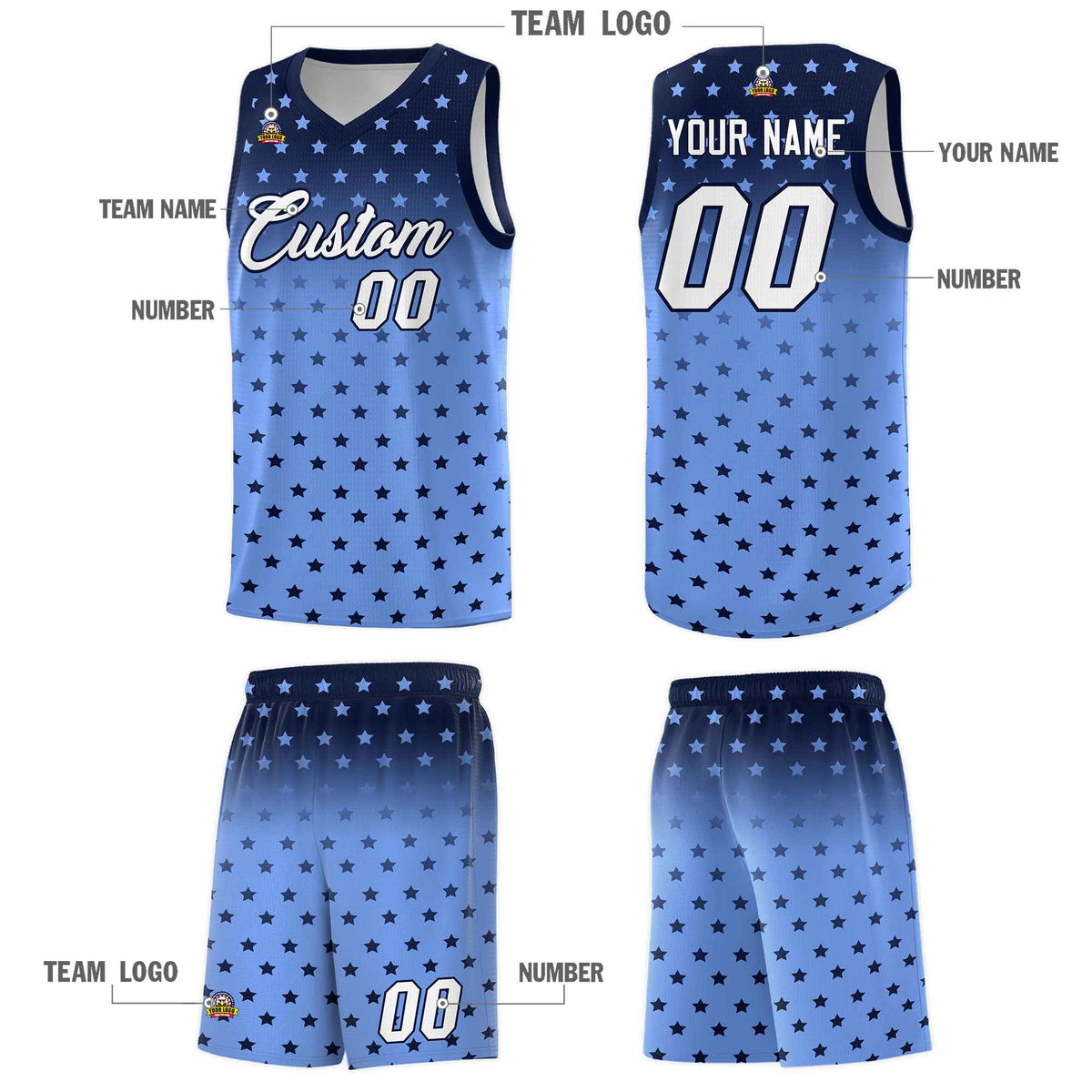 Custom Navy Light Blue Gradient Start Pattern Basketball Jersey Sets