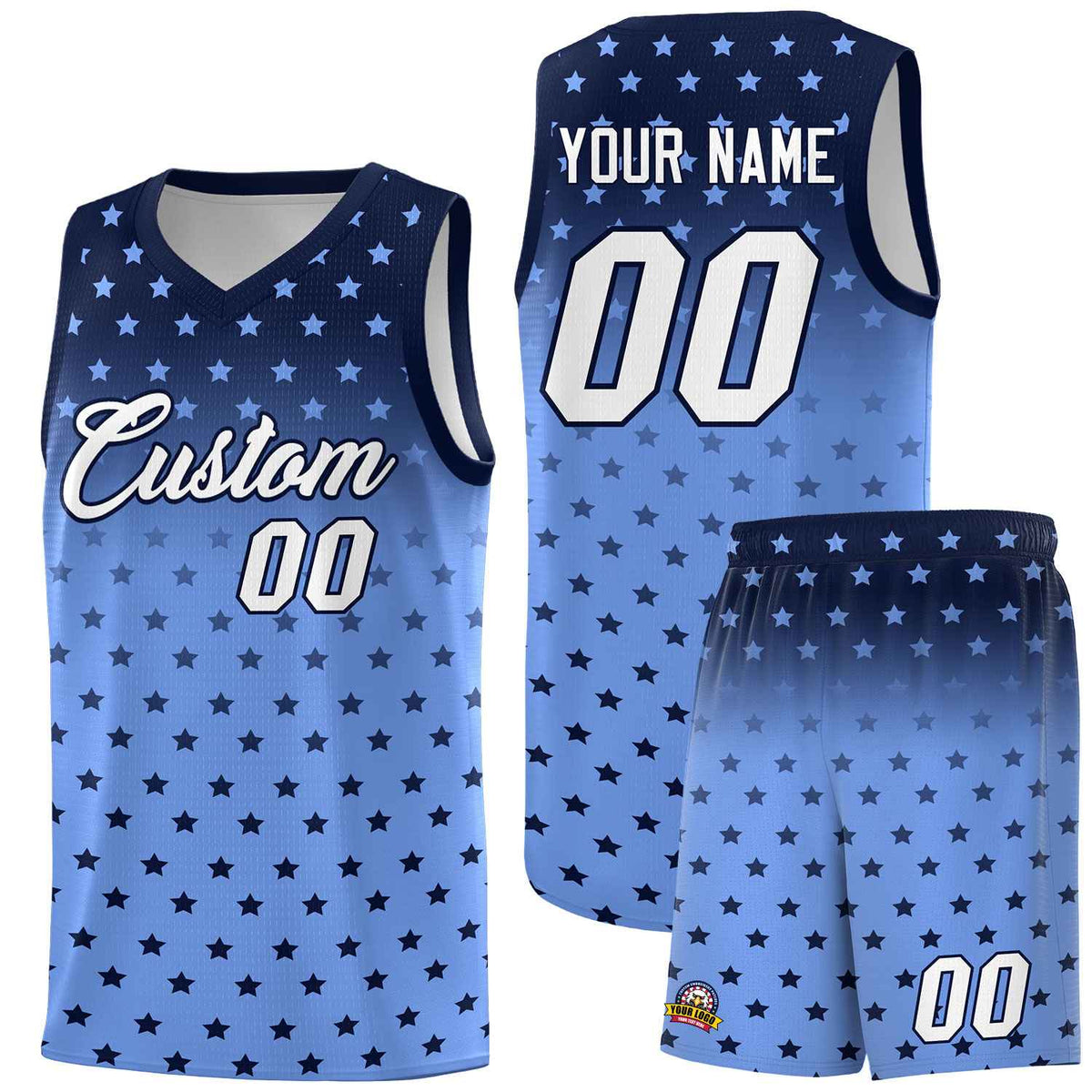 Custom Navy Light Blue Gradient Start Pattern Basketball Jersey Sets