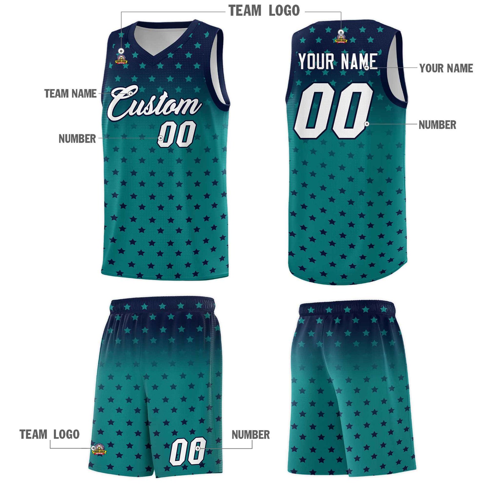 Custom Navy Aqua Gradient Start Pattern Basketball Jersey Sets