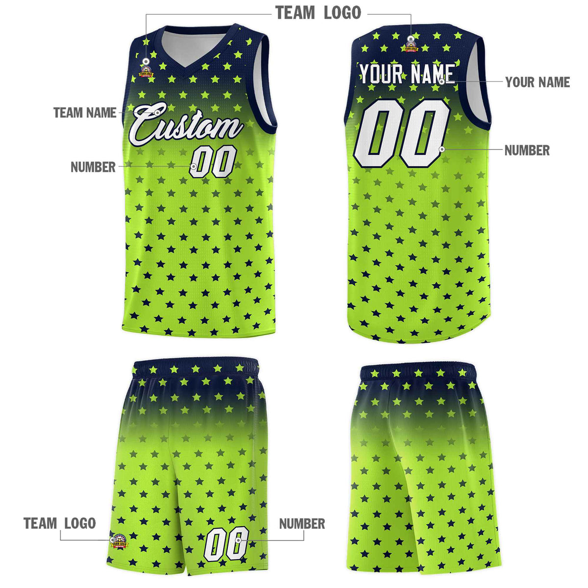 Custom Navy Light Green Gradient Start Pattern Basketball Jersey Sets
