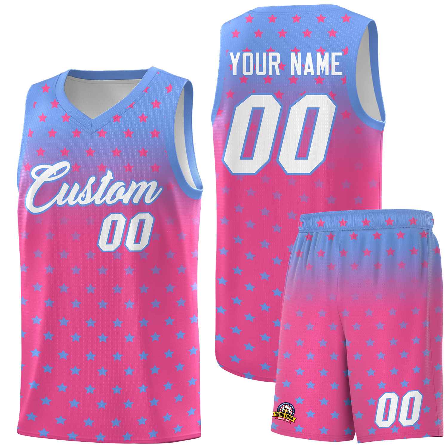 Custom Light Blue Pink Gradient Start Pattern Basketball Jersey Sets
