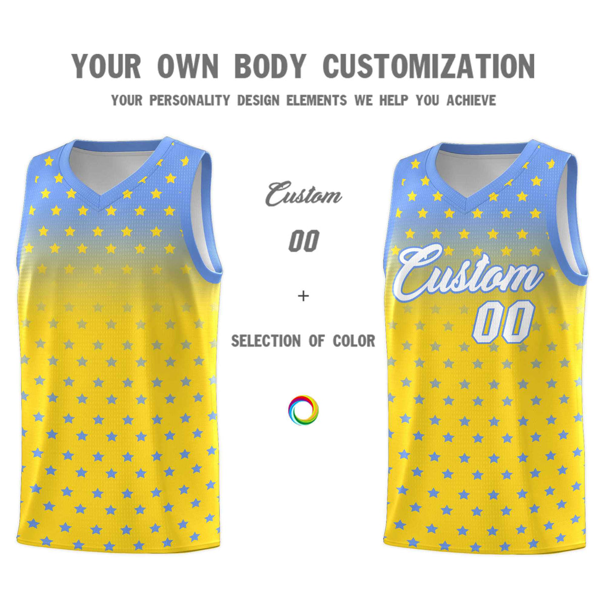 Custom Light Blue Gold Gradient Start Pattern Basketball Jersey Sets