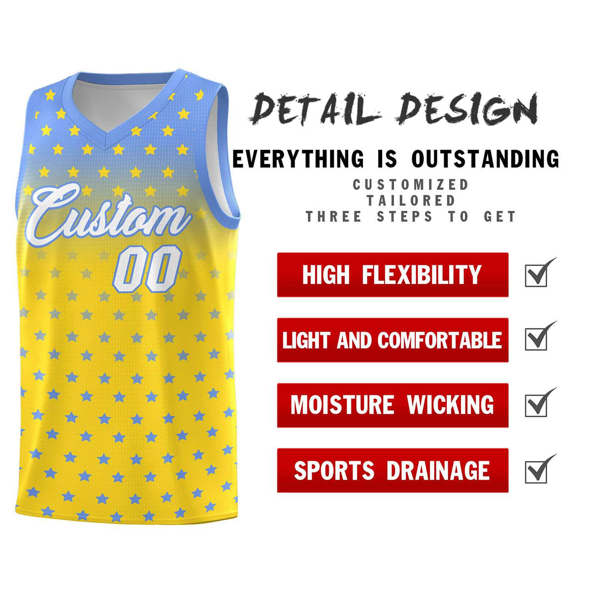 Custom Light Blue Gold Gradient Start Pattern Basketball Jersey Sets