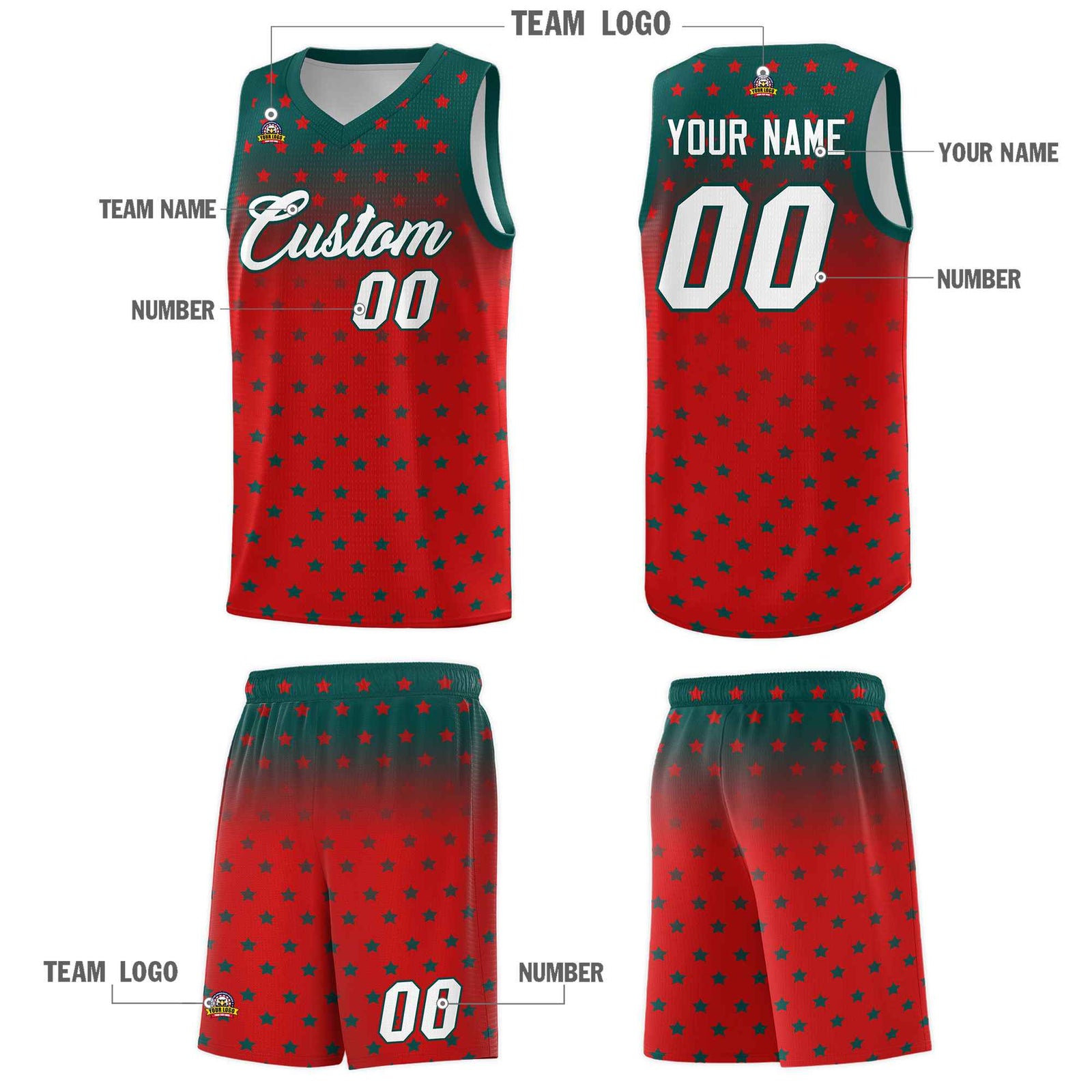Custom Midnight Green Red Gradient Start Pattern Basketball Jersey Sets