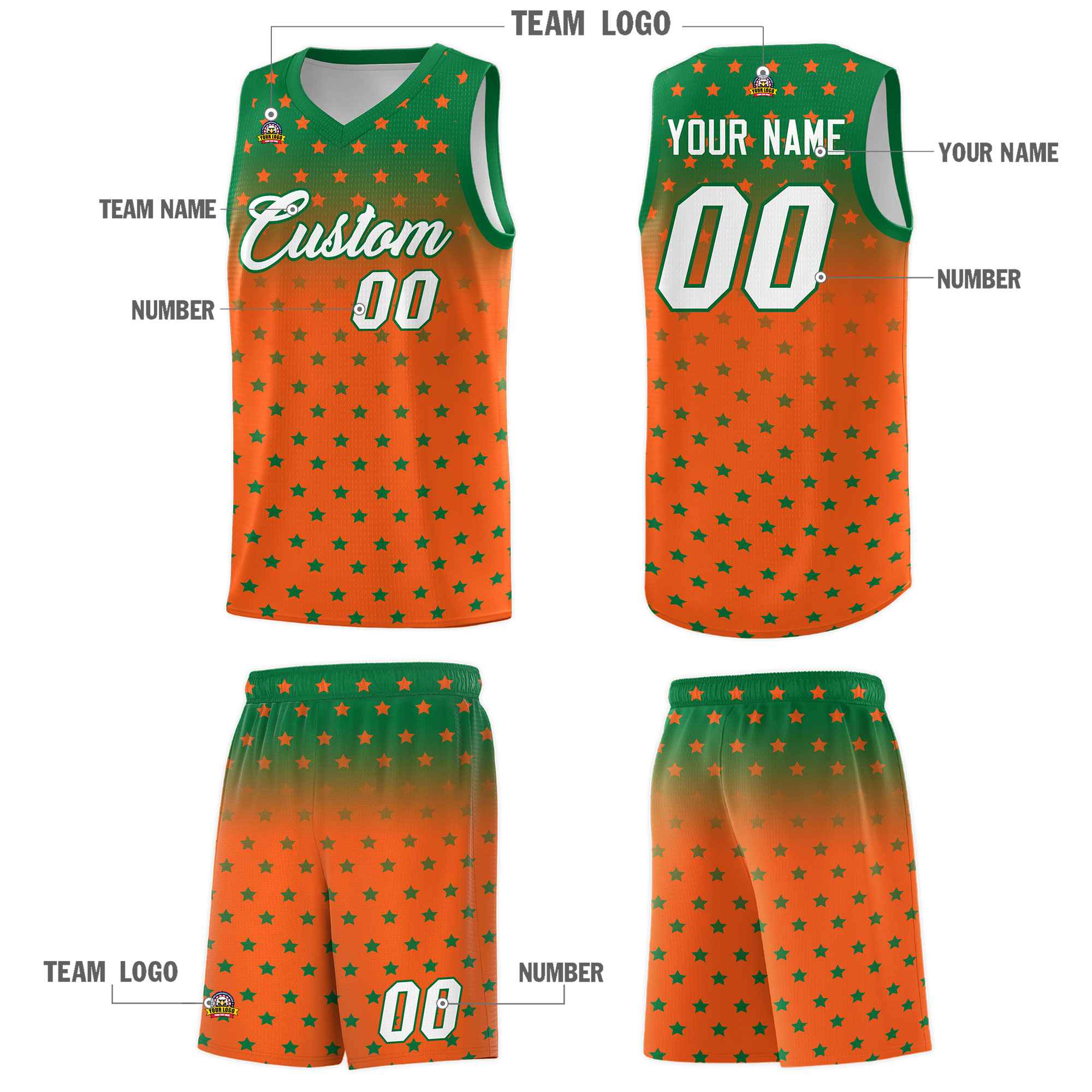 Custom Kelly Green Orange Gradient Start Pattern Basketball Jersey Sets