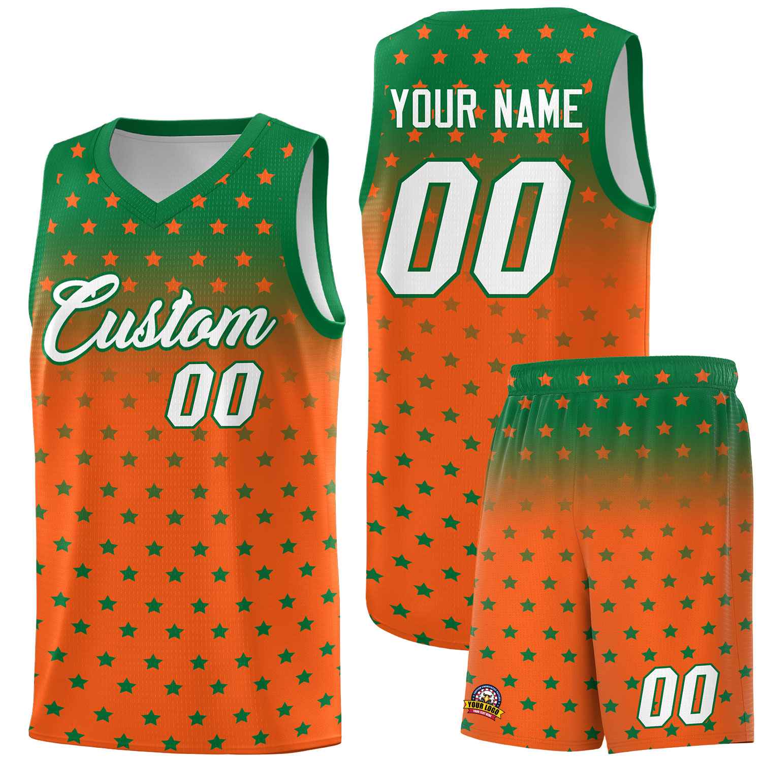 Custom Kelly Green Orange Gradient Start Pattern Basketball Jersey Sets