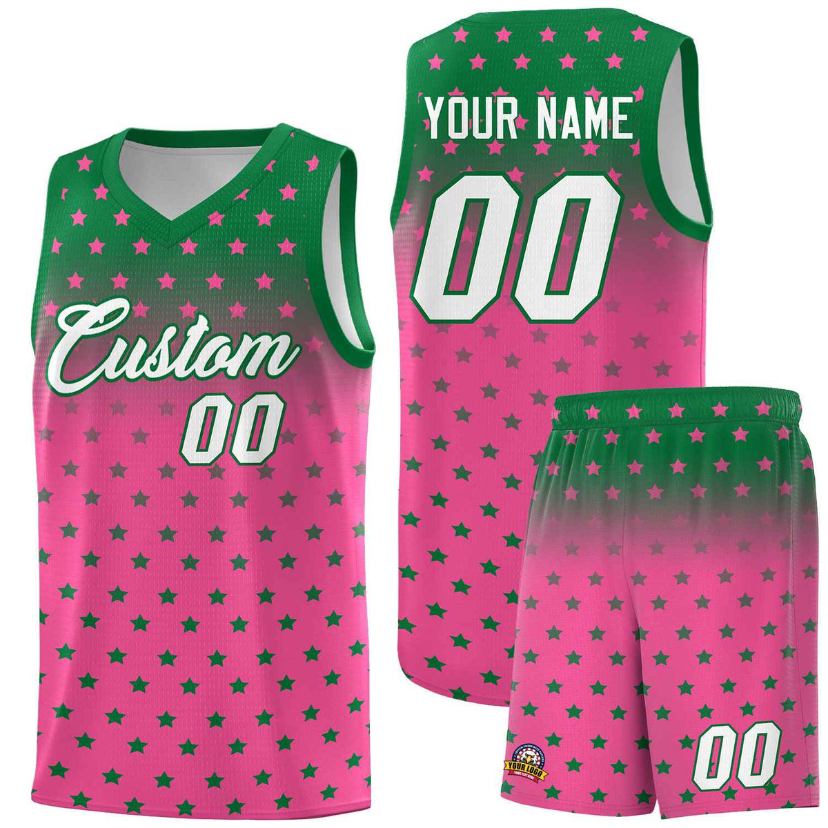 Custom Kelly Green Pink Gradient Start Pattern Basketball Jersey Sets