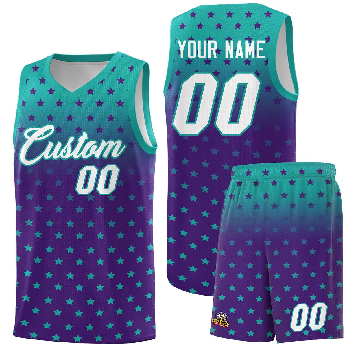 Custom Aqua Purple Gradient Start Pattern Basketball Jersey Sets