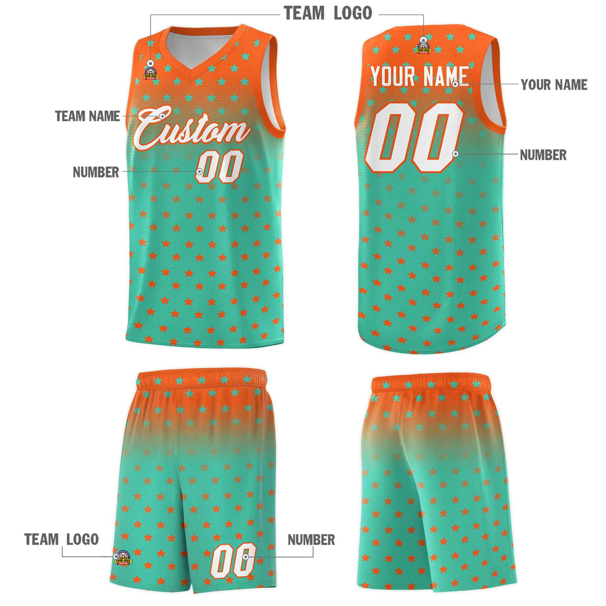 Custom Orange Aqua Gradient Start Pattern Basketball Jersey Sets