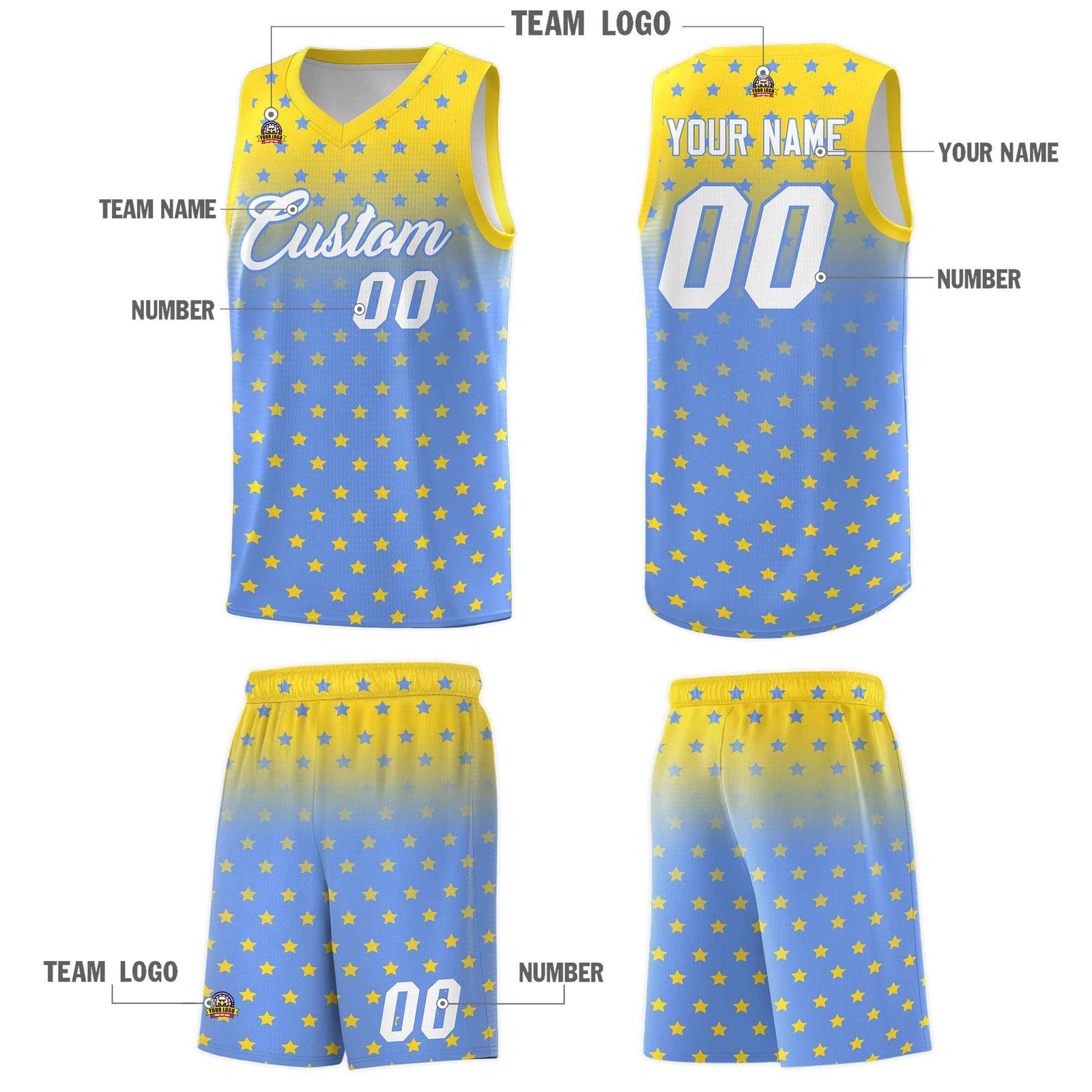 Custom Gold Light Blue Gradient Start Pattern Basketball Jersey Sets