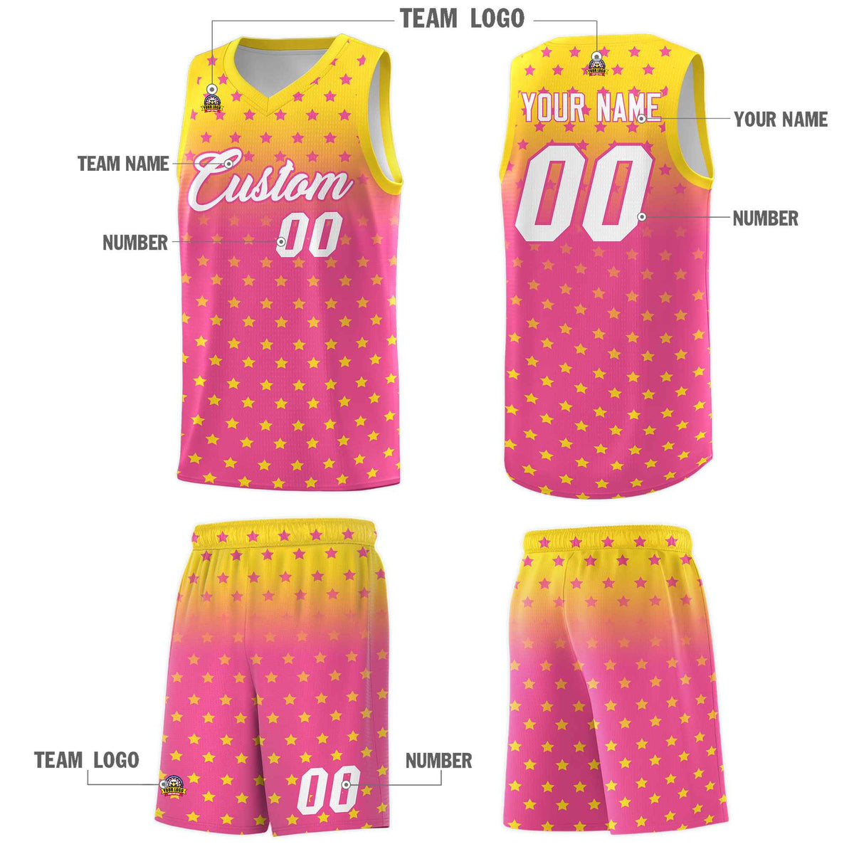 Custom Gold Pink Gradient Start Pattern Basketball Jersey Sets