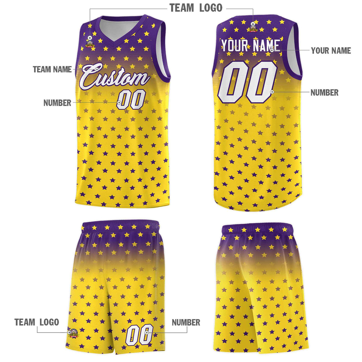 Custom Purple Gold Gradient Start Pattern Basketball Jersey Sets