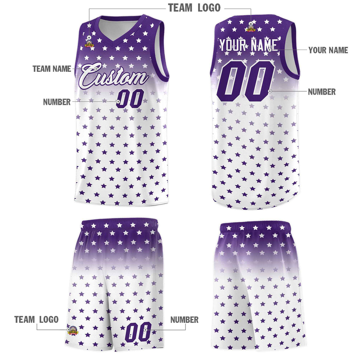 Custom Purple White Gradient Start Pattern Basketball Jersey Sets