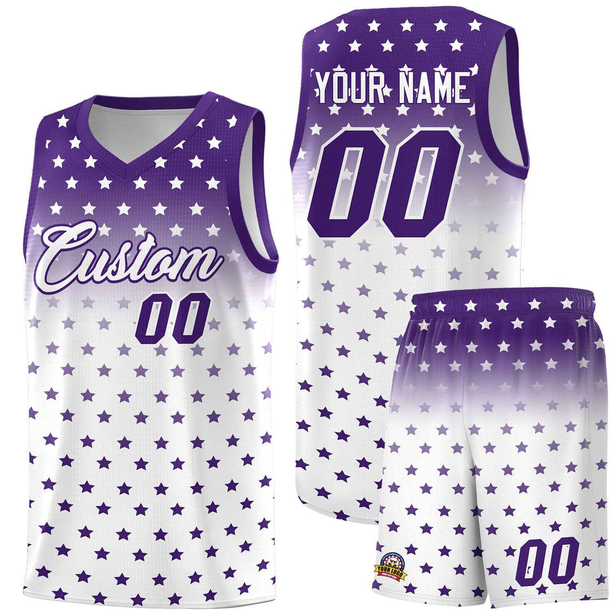 Custom Purple White Gradient Start Pattern Basketball Jersey Sets