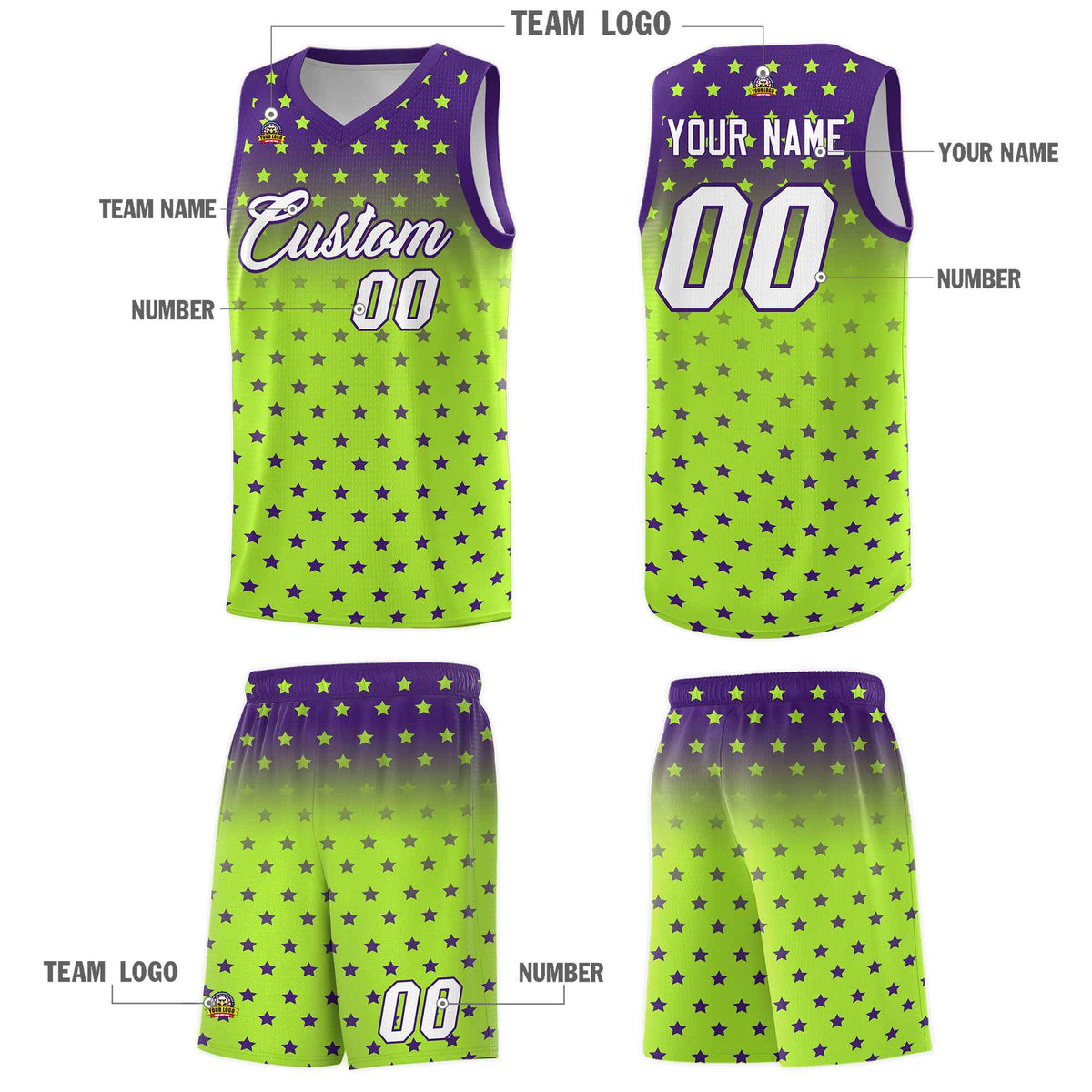 Custom Purple Light Green Gradient Start Pattern Basketball Jersey Sets