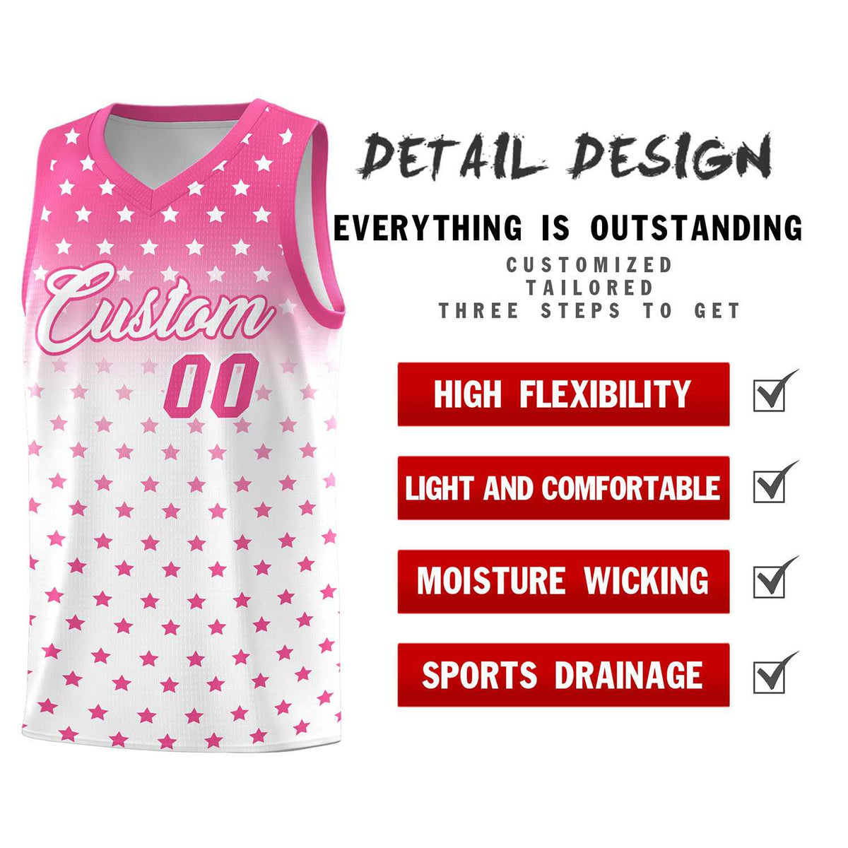 Custom Pink White Gradient Start Pattern Basketball Jersey Sets