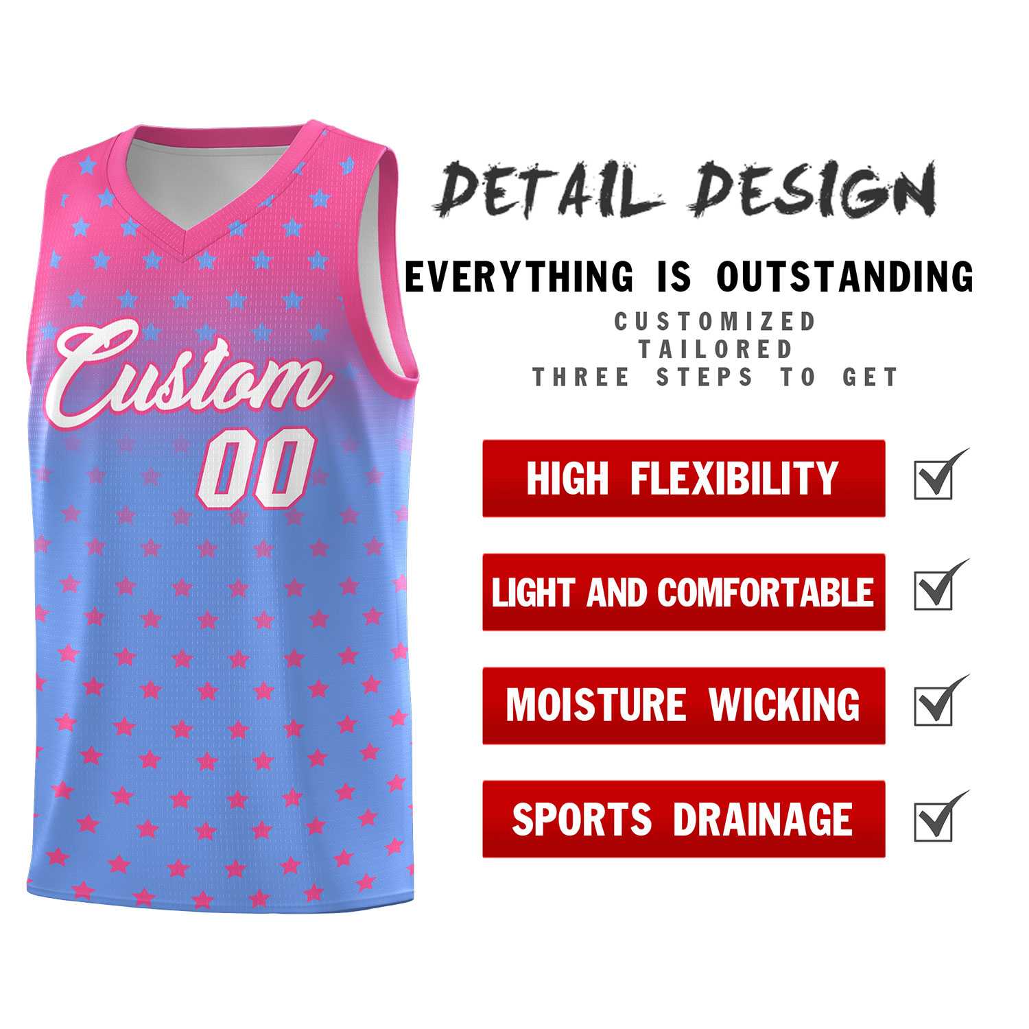 Custom Pink Light Blue Gradient Start Pattern Basketball Jersey Sets