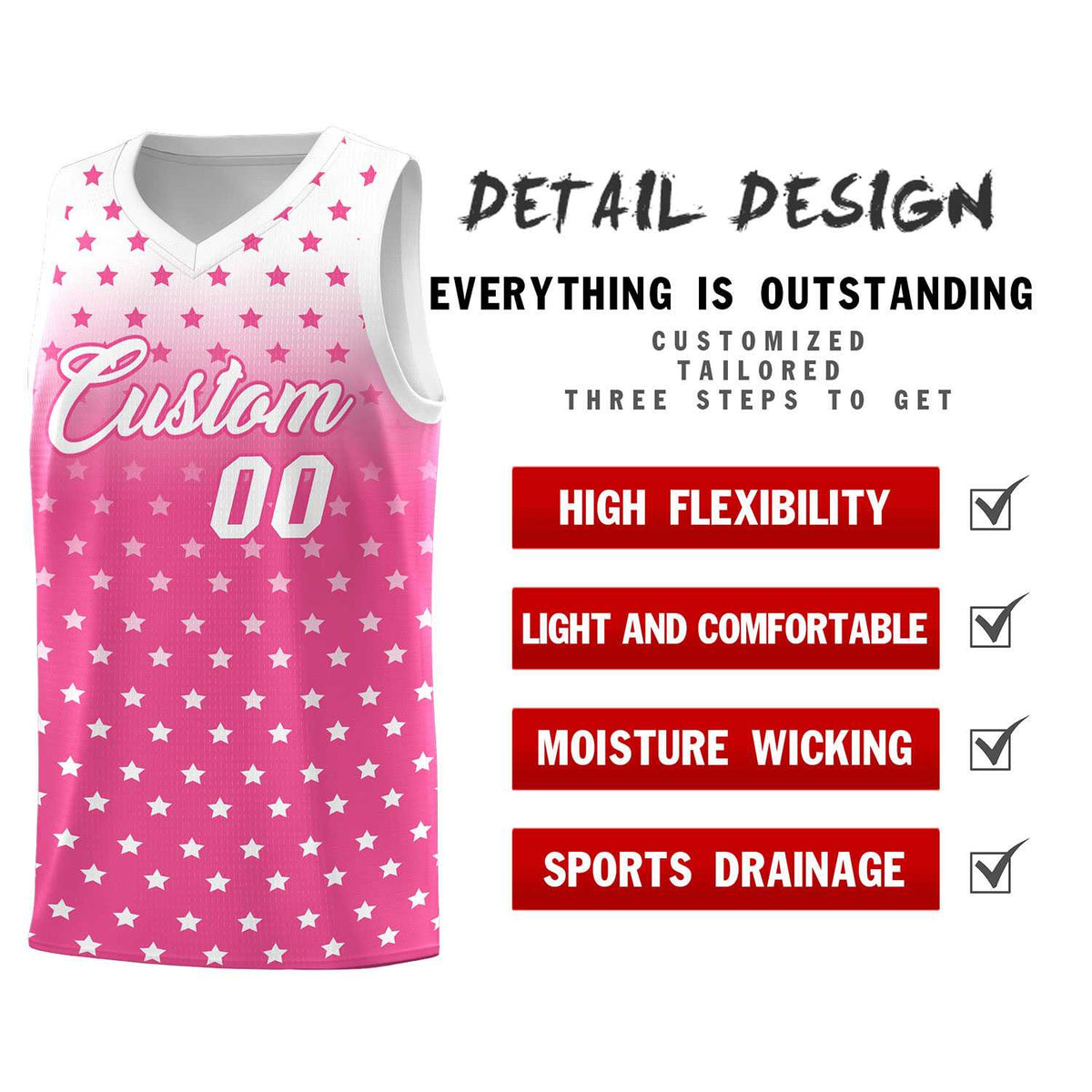 Custom White Pink Gradient Start Pattern Basketball Jersey Sets