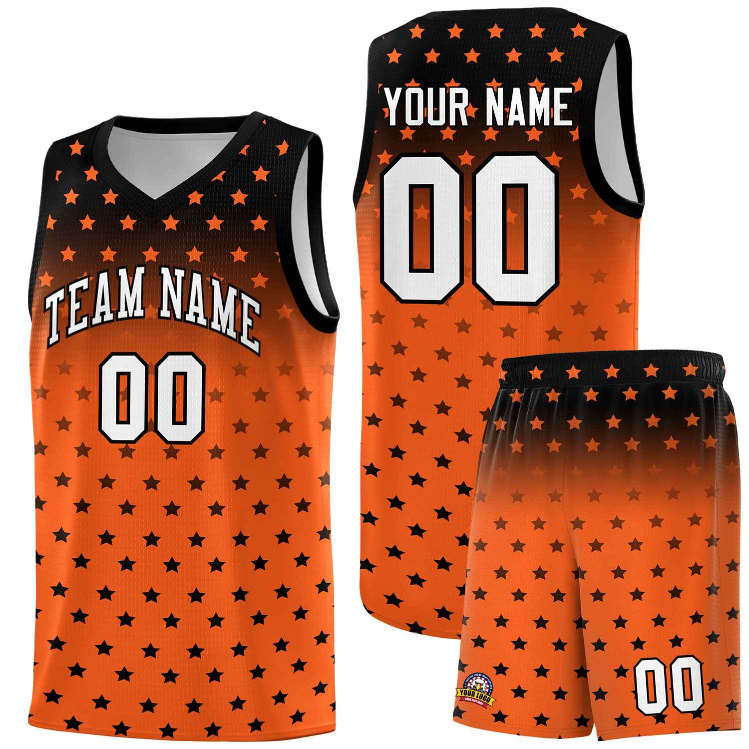 Custom Black Orange Gradient Start Pattern Basketball Jersey Sets