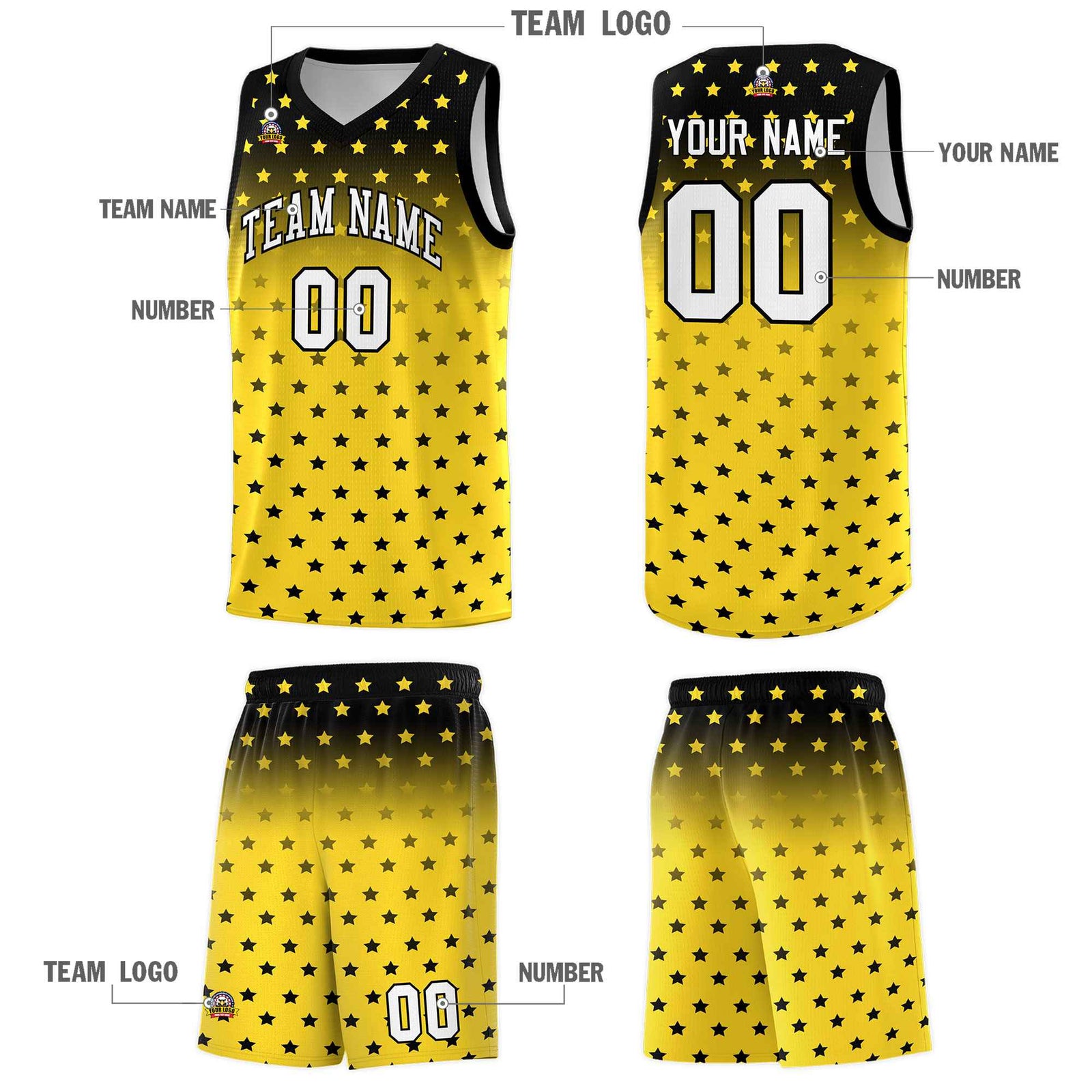 Custom Black Gold Gradient Start Pattern Basketball Jersey Sets