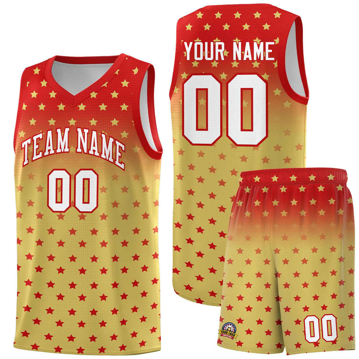 Custom Red Old Gold Gradient Start Pattern Basketball Jersey Sets