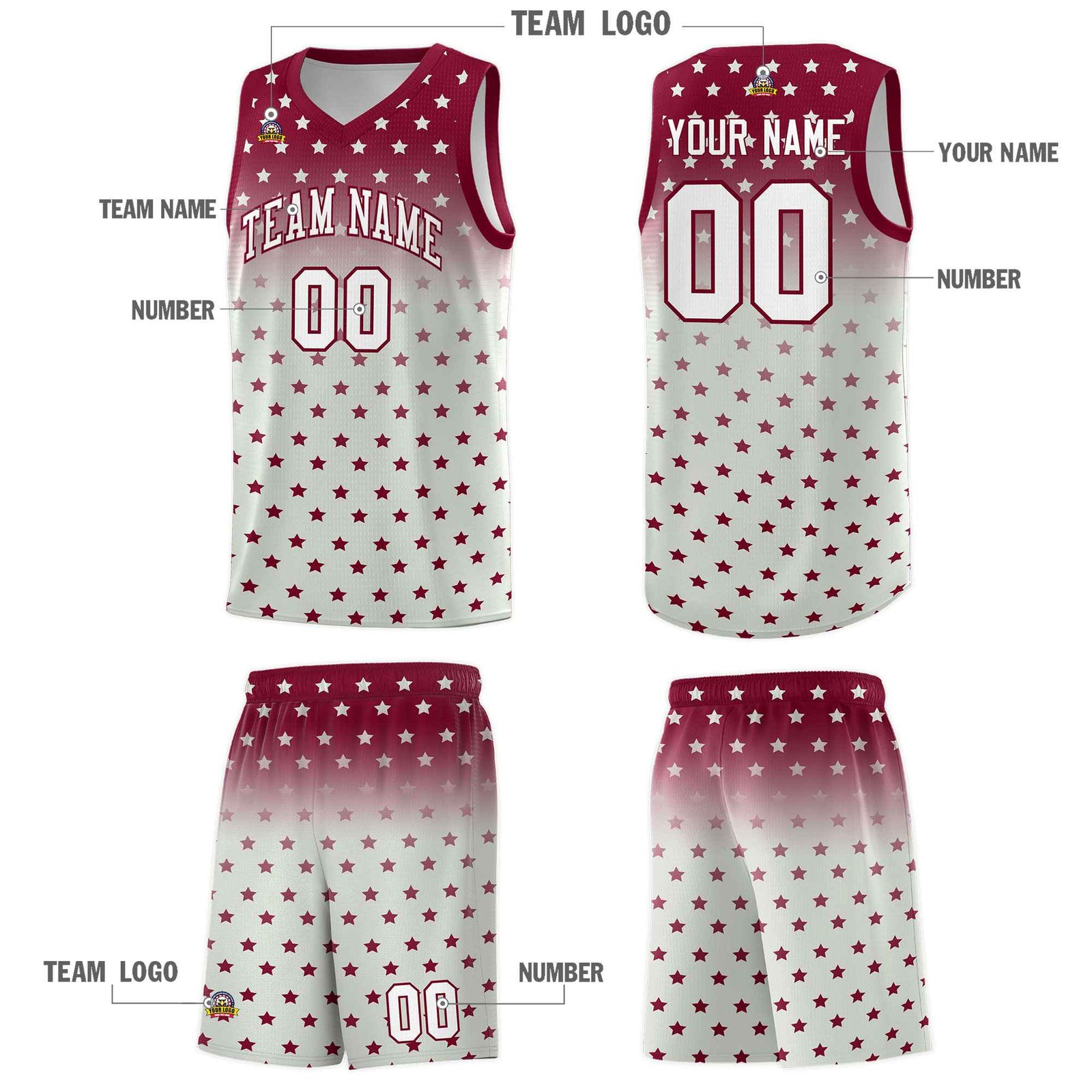 Custom Crimson Gray Gradient Start Pattern Basketball Jersey Sets