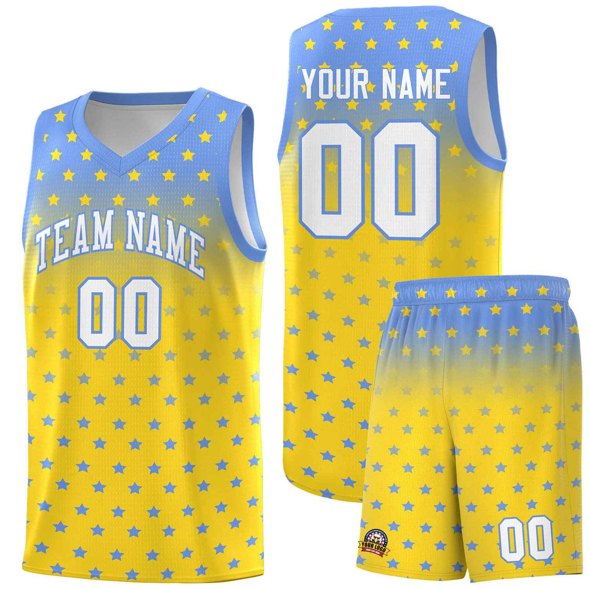 Custom Light Blue Gold Gradient Start Pattern Basketball Jersey Sets