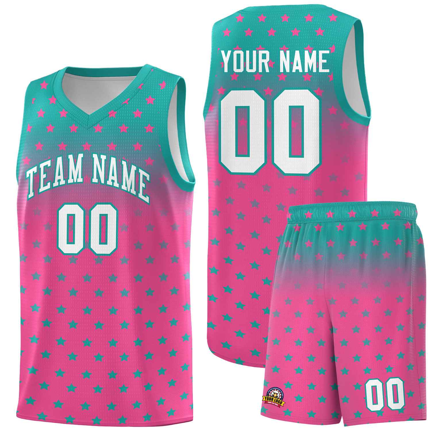 Custom Aqua Pink Gradient Start Pattern Basketball Jersey Sets