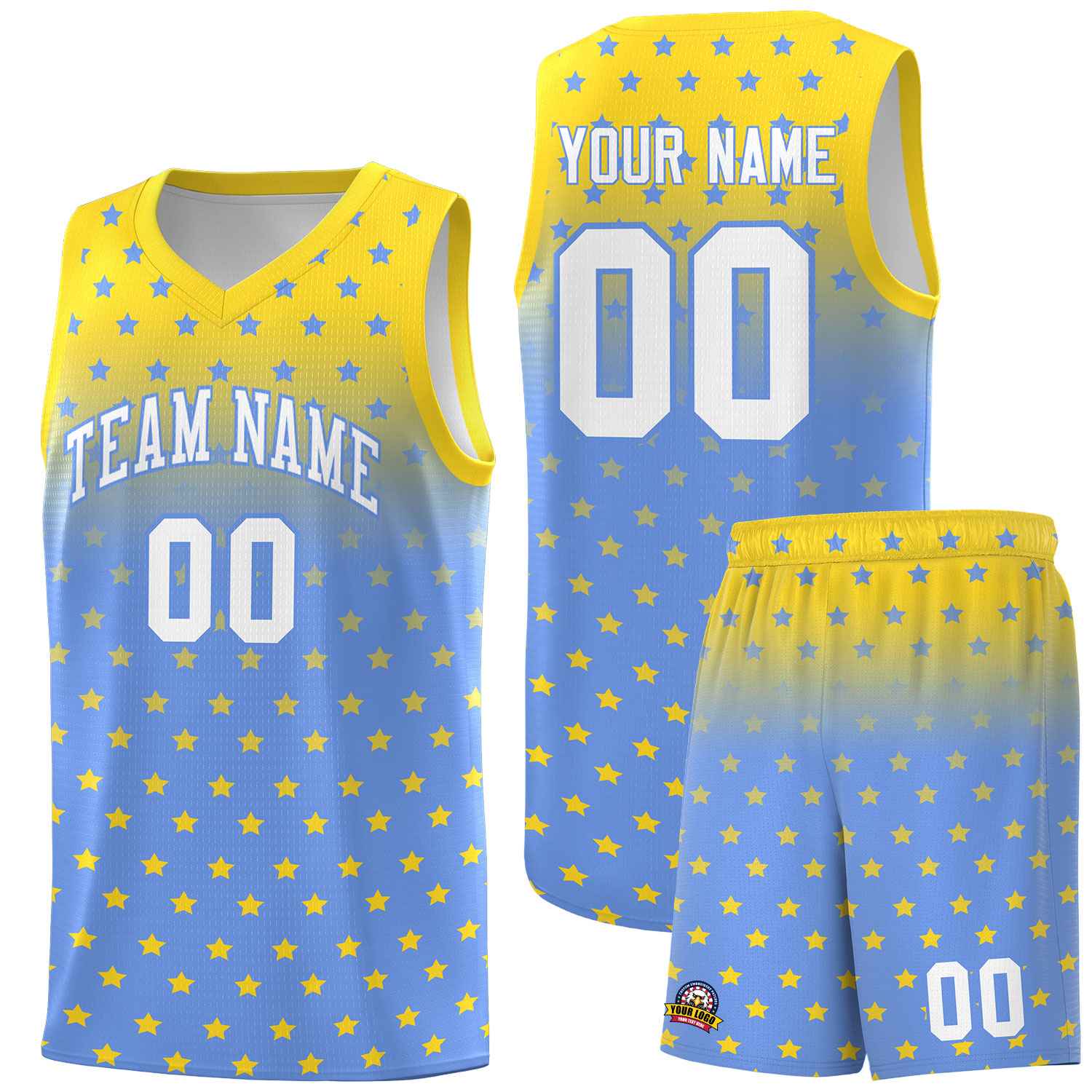 Custom Gold Light Blue Gradient Start Pattern Basketball Jersey Sets