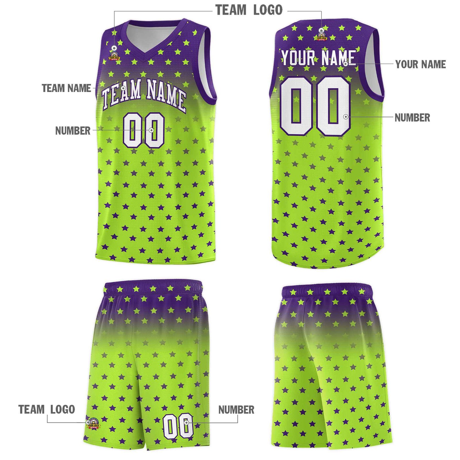 Custom Purple Light Green Gradient Start Pattern Basketball Jersey Sets