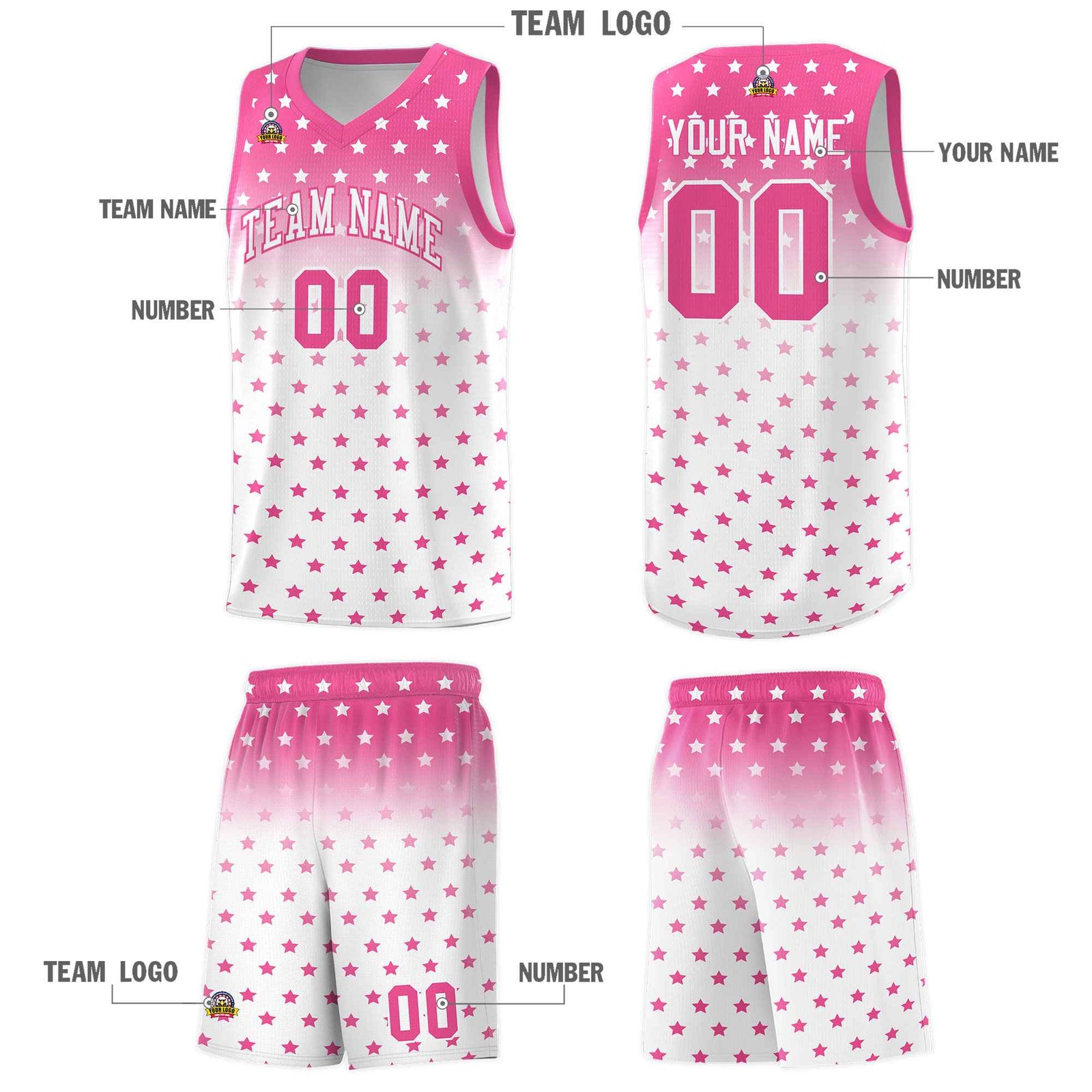 Custom Pink White Gradient Start Pattern Basketball Jersey Sets