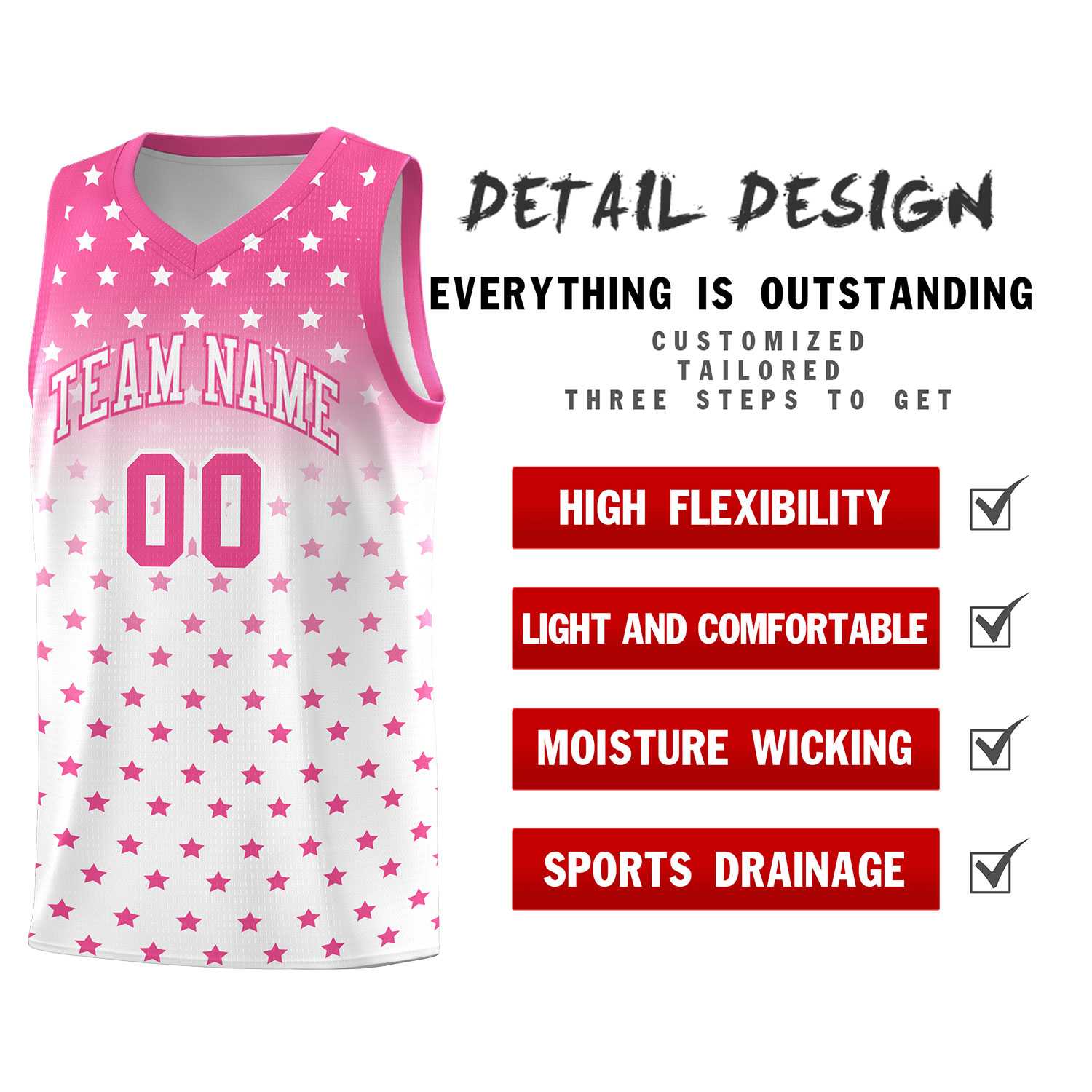 Custom Pink White Gradient Start Pattern Basketball Jersey Sets