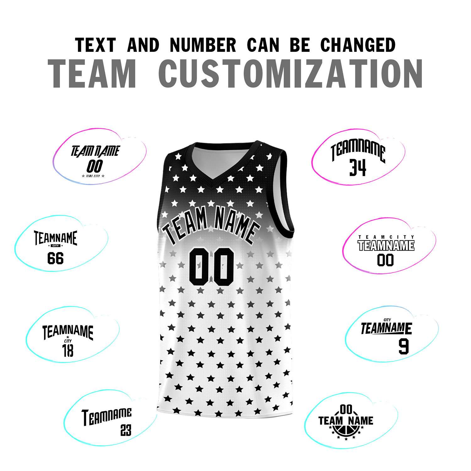 Custom Black White Gradient Start Pattern Basketball Jersey Sets