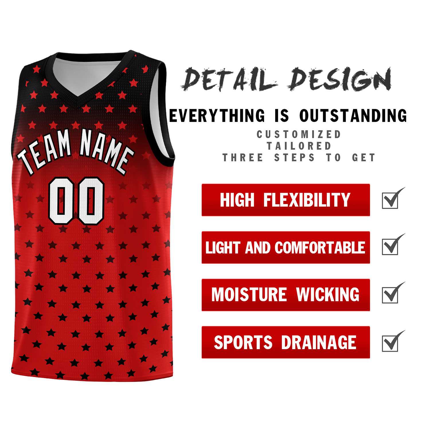 Custom Black Red Gradient Start Pattern Basketball Jersey Sets