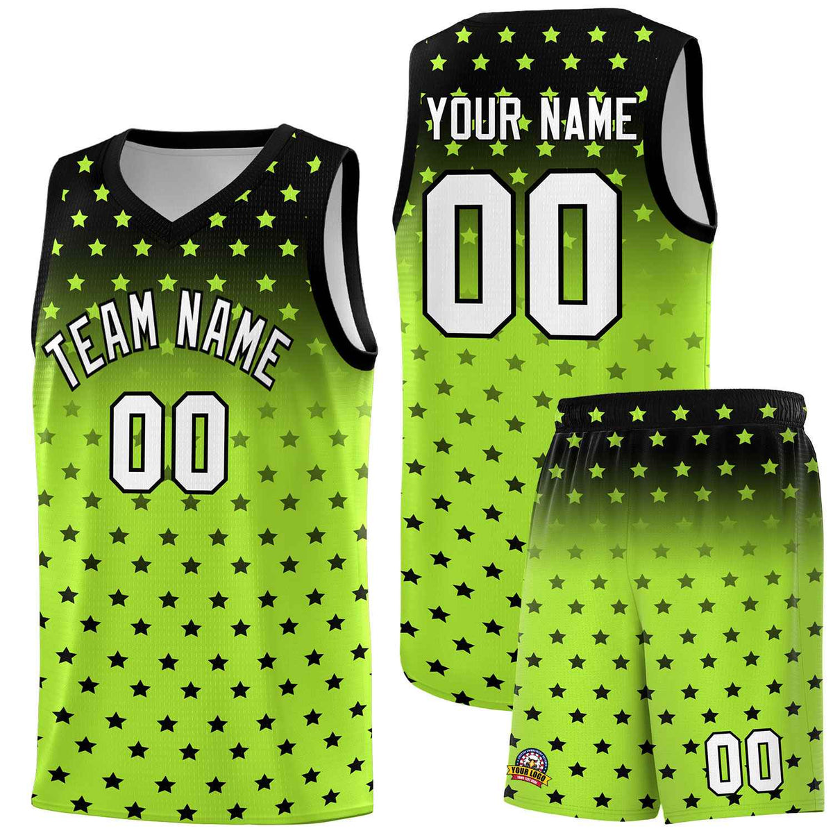Custom Black Light Green Gradient Start Pattern Basketball Jersey Sets