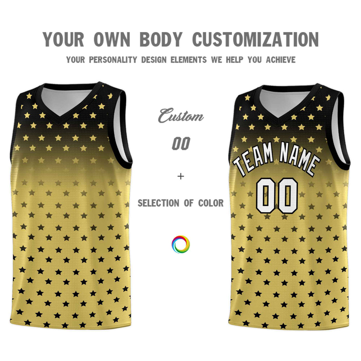 Custom Black Old Gold Gradient Start Pattern Basketball Jersey Sets