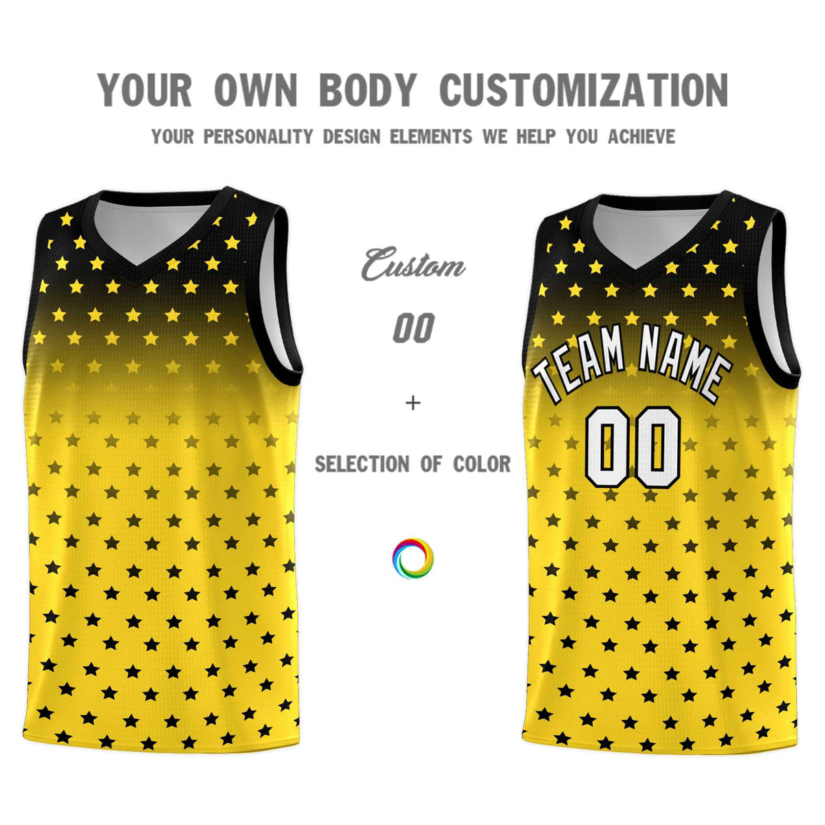 Custom Black Gold Gradient Start Pattern Basketball Jersey Sets
