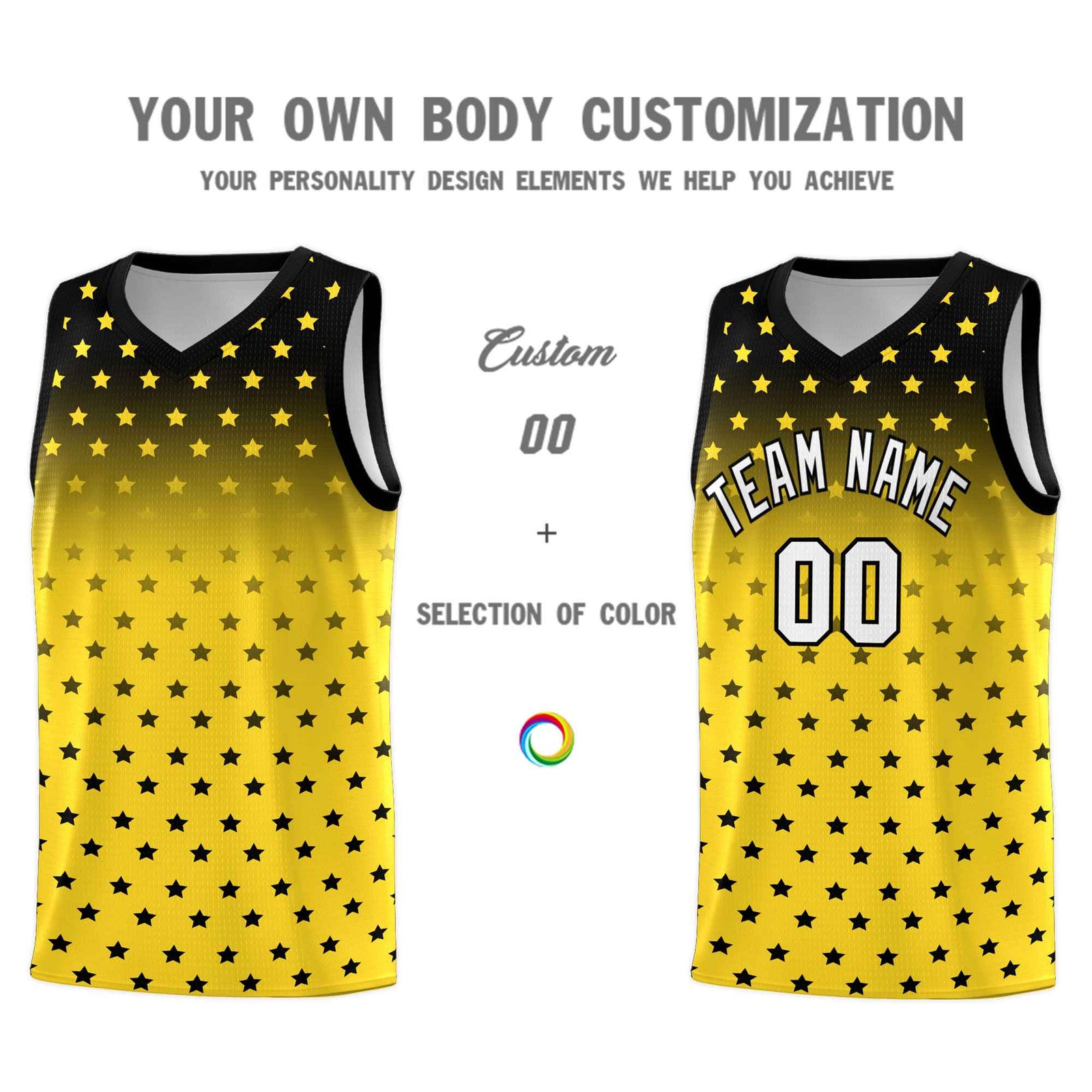 Custom Black Gold Gradient Start Pattern Basketball Jersey Sets