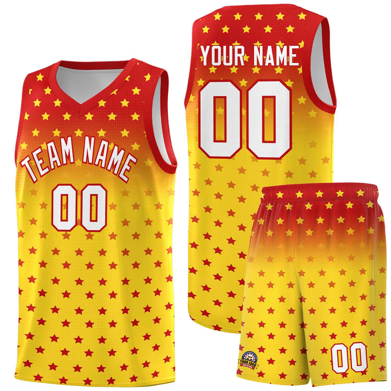 Custom Red Gold Gradient Start Pattern Basketball Jersey Sets