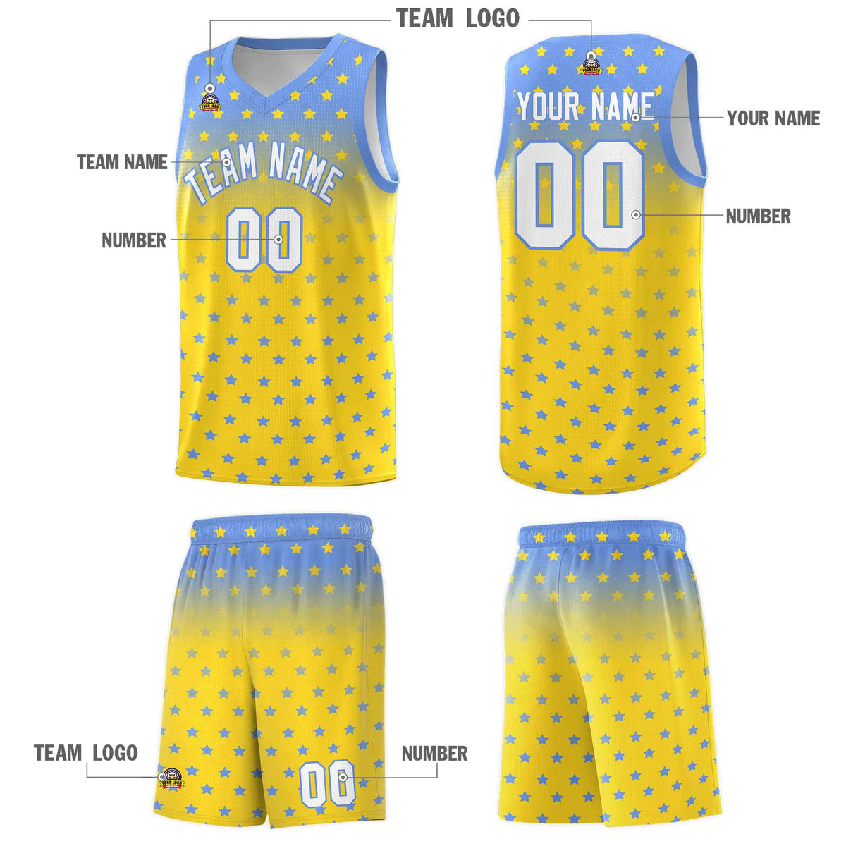 Custom Light Blue Gold Gradient Start Pattern Basketball Jersey Sets