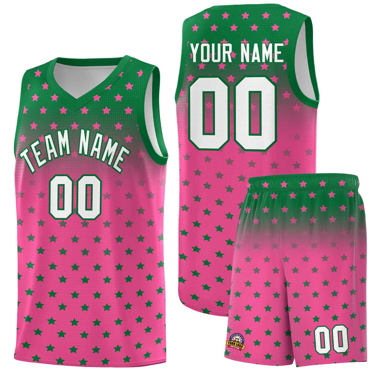 Custom Kelly Green Pink Gradient Start Pattern Basketball Jersey Sets