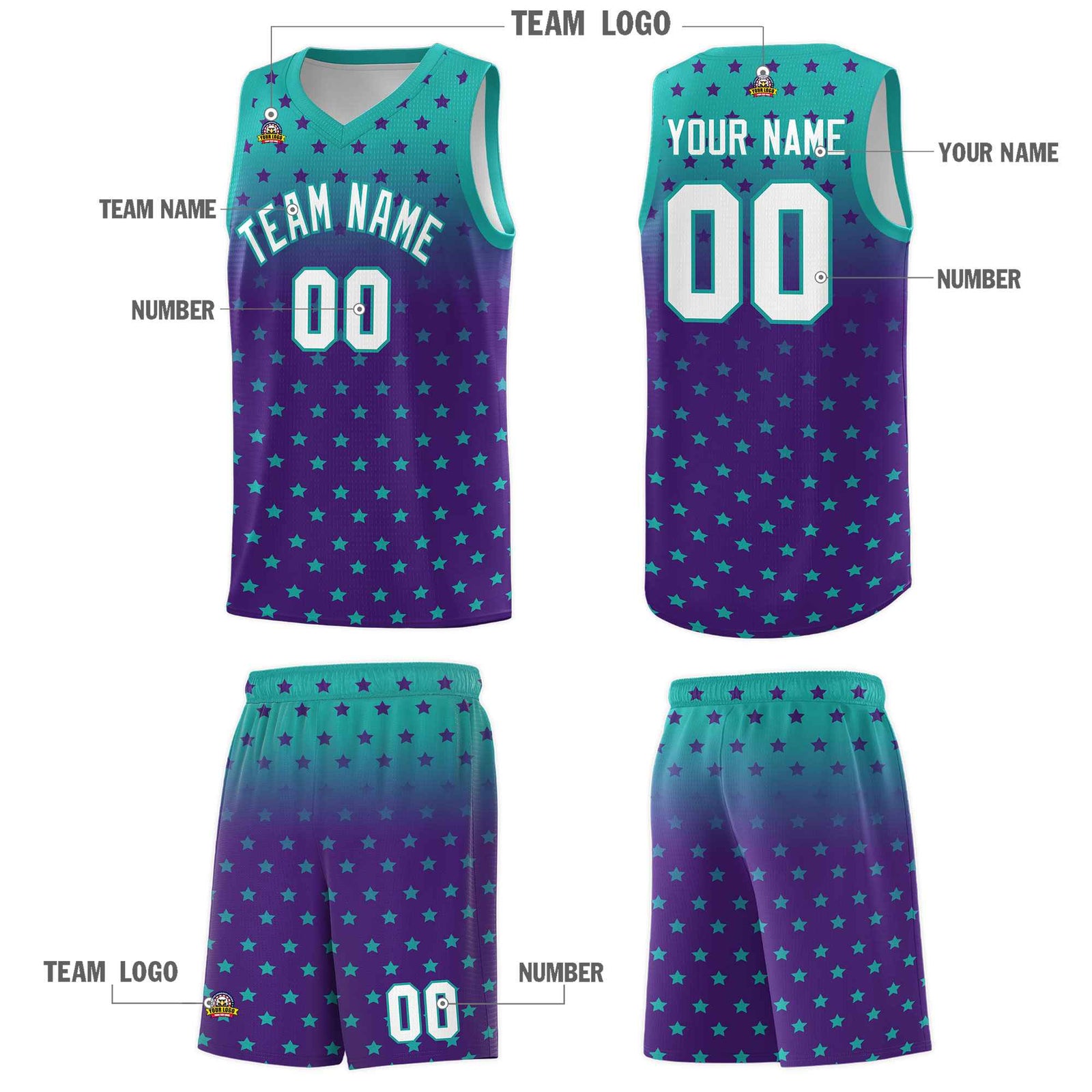 Custom Aqua Purple Gradient Start Pattern Basketball Jersey Sets
