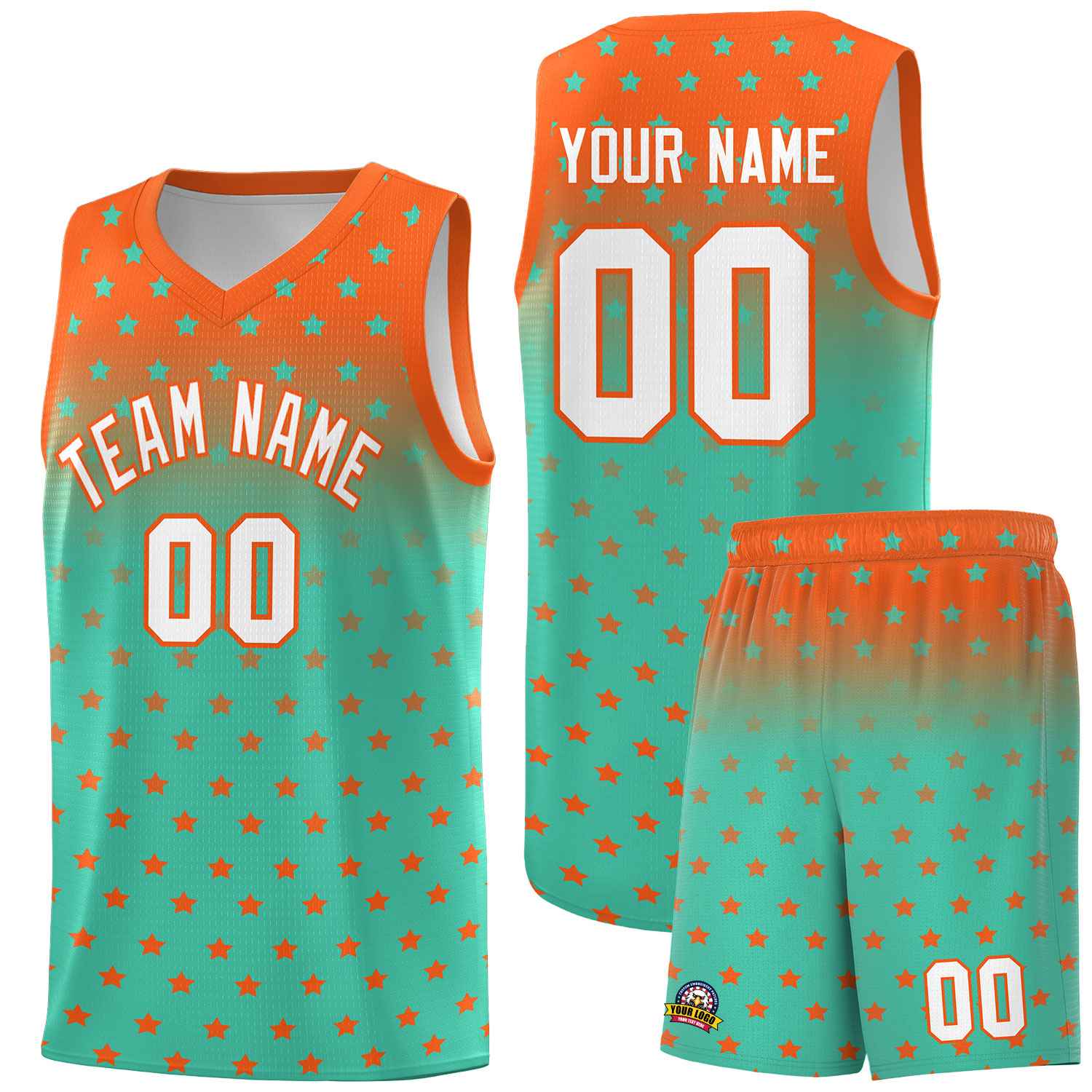 Custom Orange Aqua Gradient Start Pattern Basketball Jersey Sets
