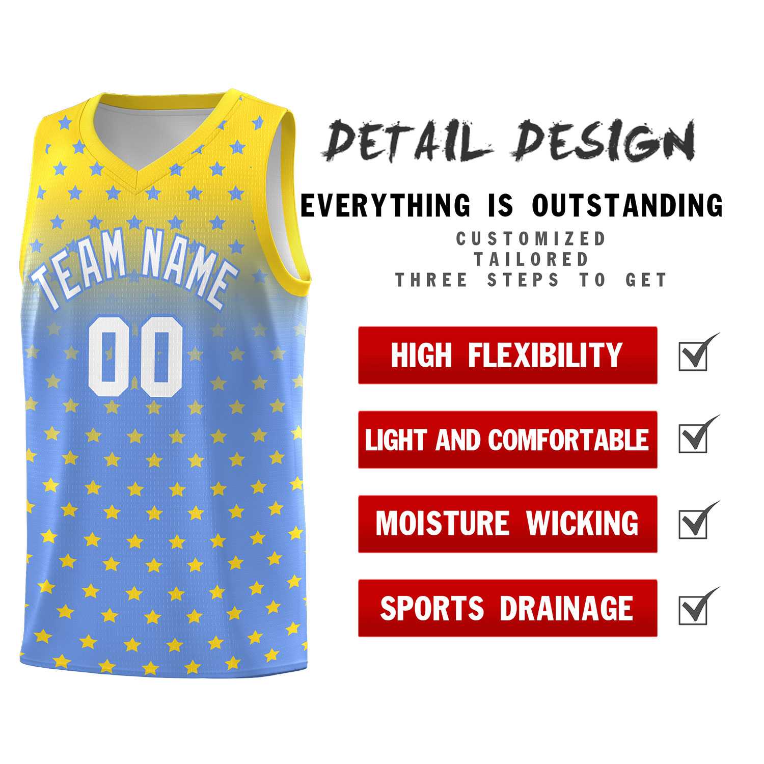 Custom Gold Light Blue Gradient Start Pattern Basketball Jersey Sets