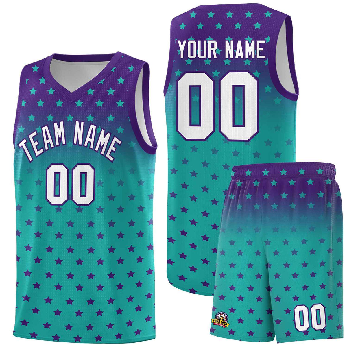 Custom Purple Aqua Gradient Start Pattern Basketball Jersey Sets