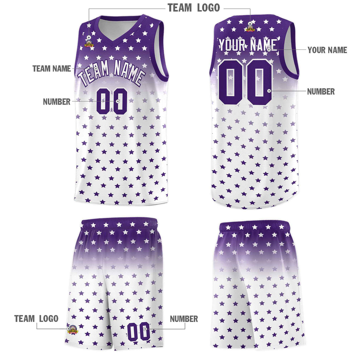Custom Purple White Gradient Start Pattern Basketball Jersey Sets