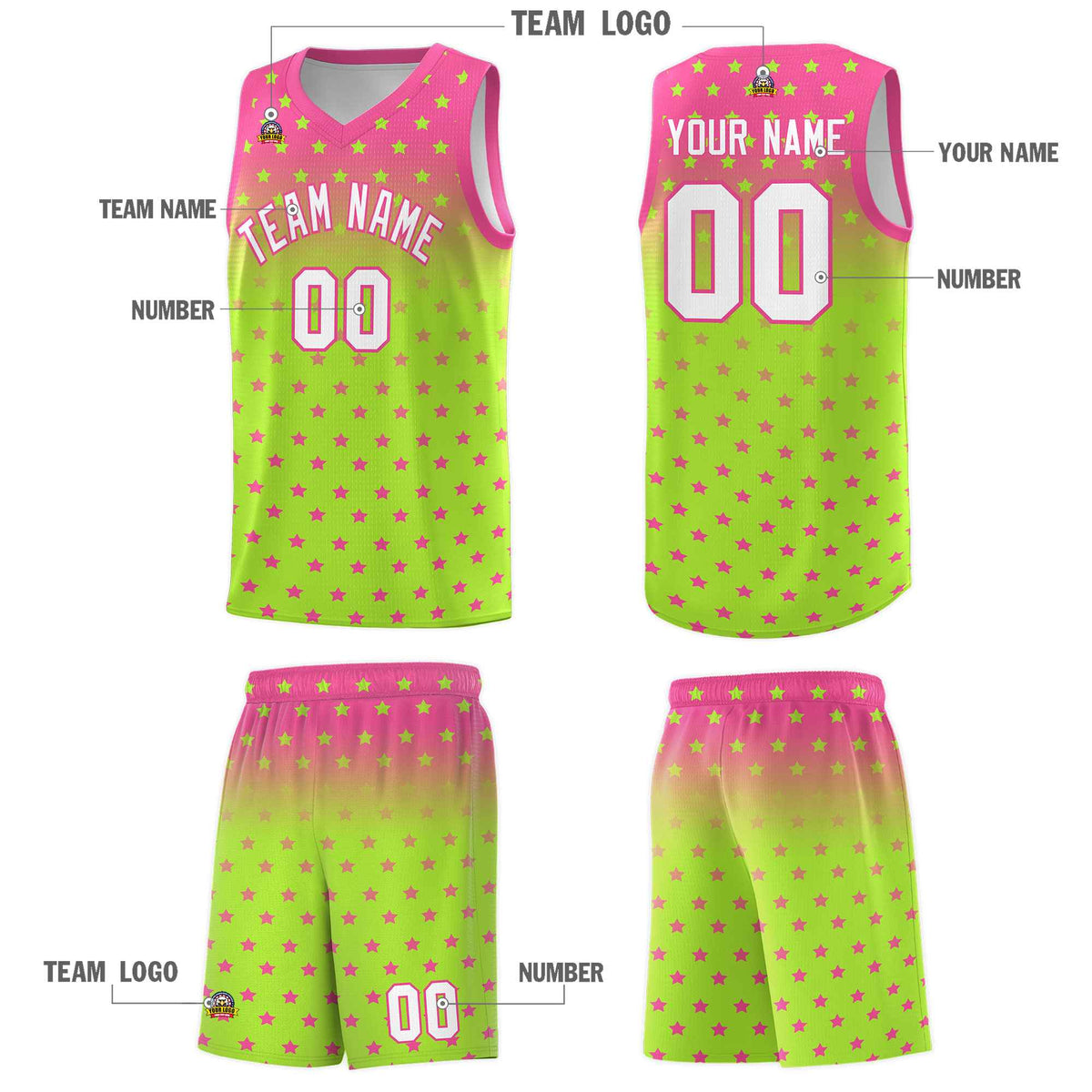 Custom Pink Light Green Gradient Start Pattern Basketball Jersey Sets