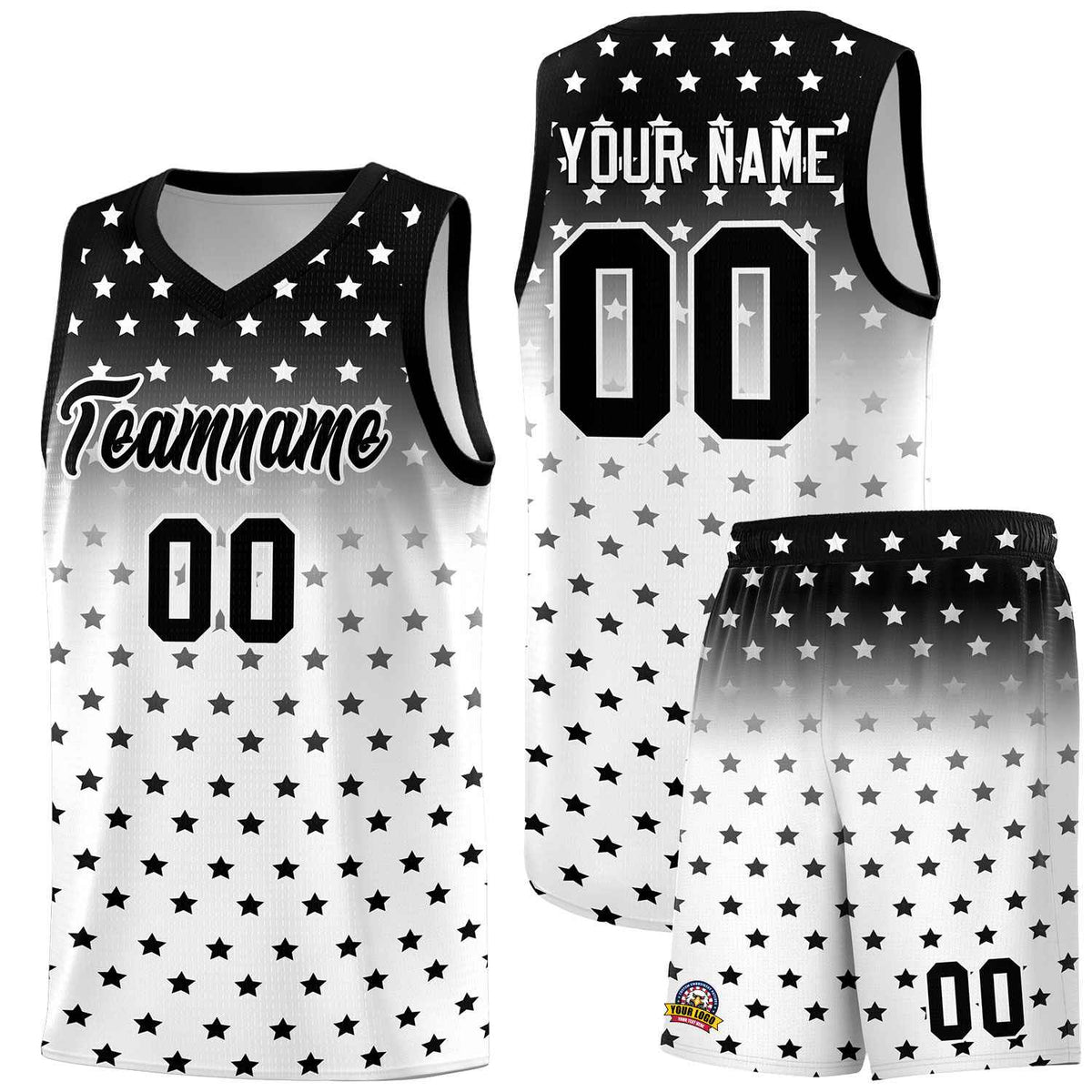 Custom Black White Gradient Start Pattern Basketball Jersey Sets